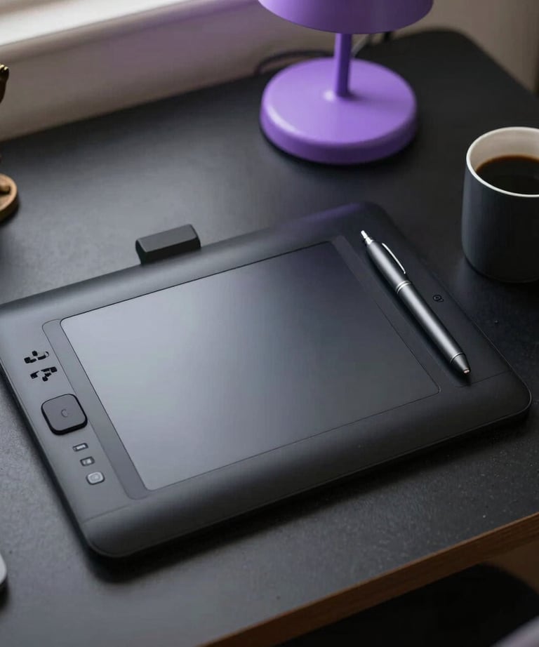 A top-down view of a designer's desk with a high-end drawing tablet, a metallic pen, and a sleek coffee mug. The desk is matte black, lit by a soft violet desk lamp. South Asian decor elements like a small brass figurine are subtly visible.