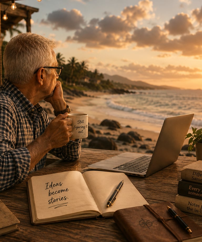 A senior man working remotely on a laptop and writing in a journal during a tropical beach sunset.