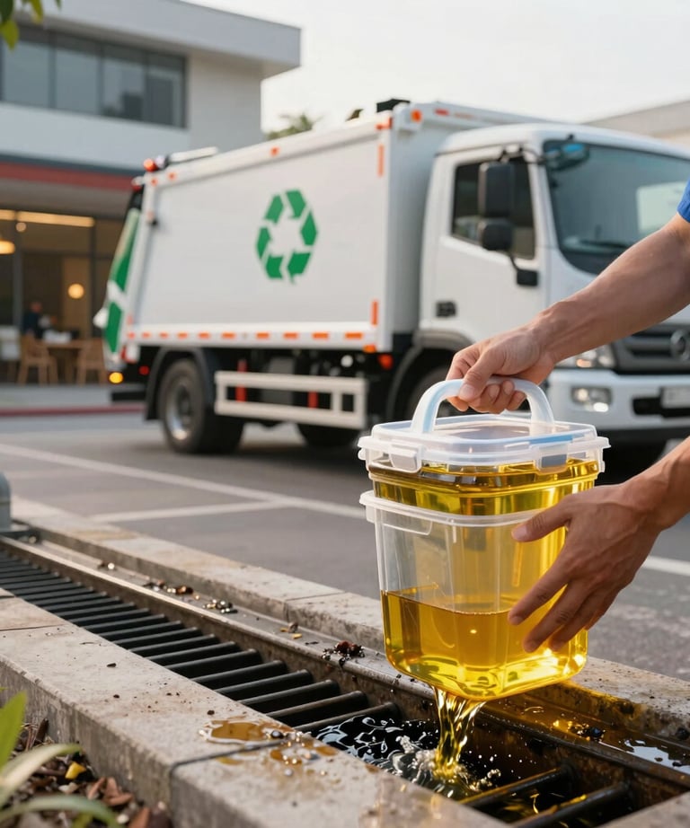 Close-up of a professional collecting used cooking oil from a restaurant kitchen.