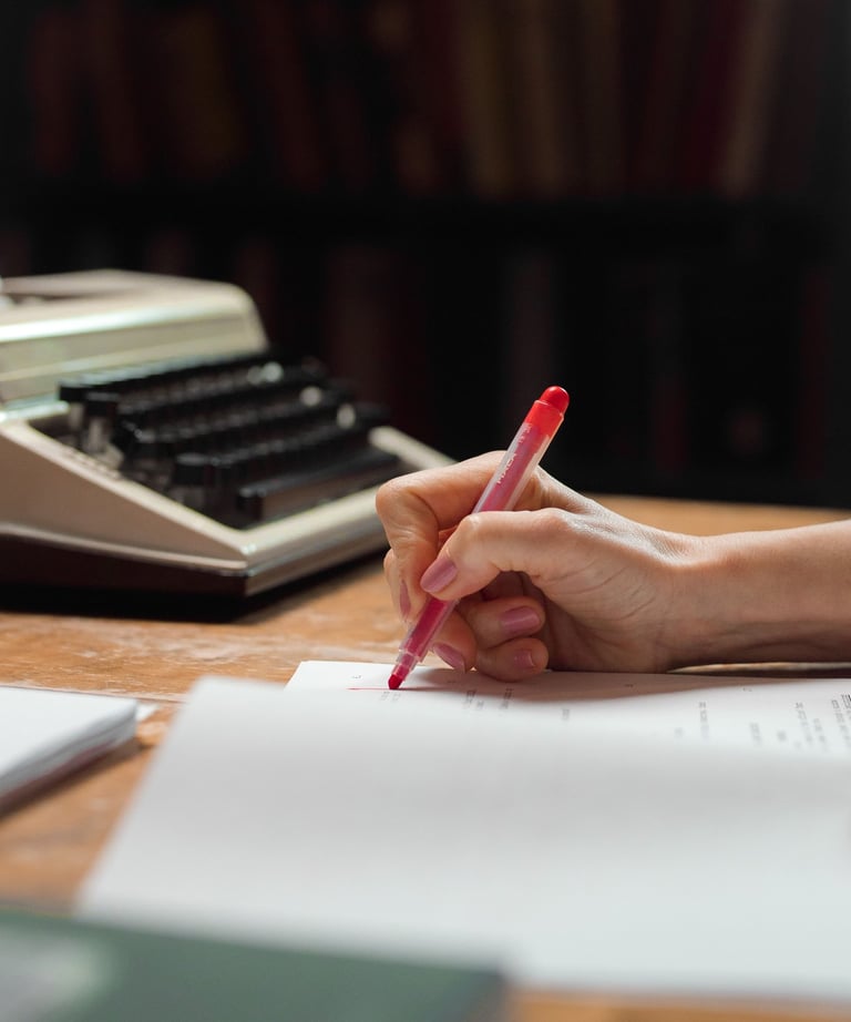 A person using a red pen to edit a manuscript next to a vintage typewriter in a library.