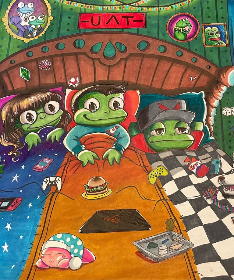 commission custom art piece of college friends in bed together hanging out