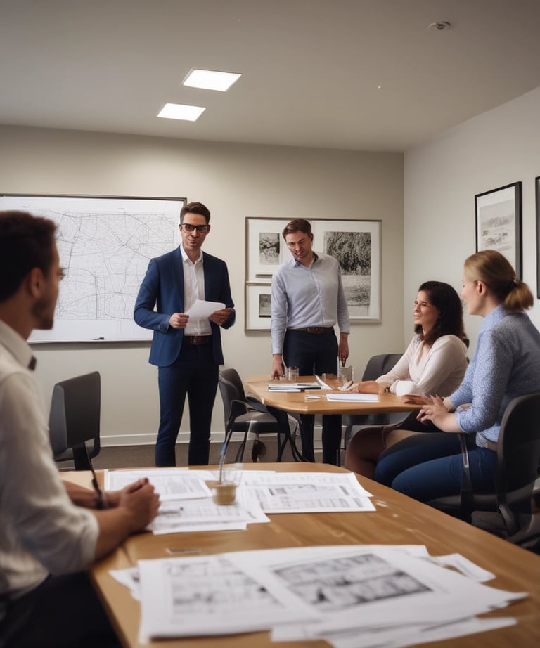 A team meeting in a bright office discussing data charts and property plans.
