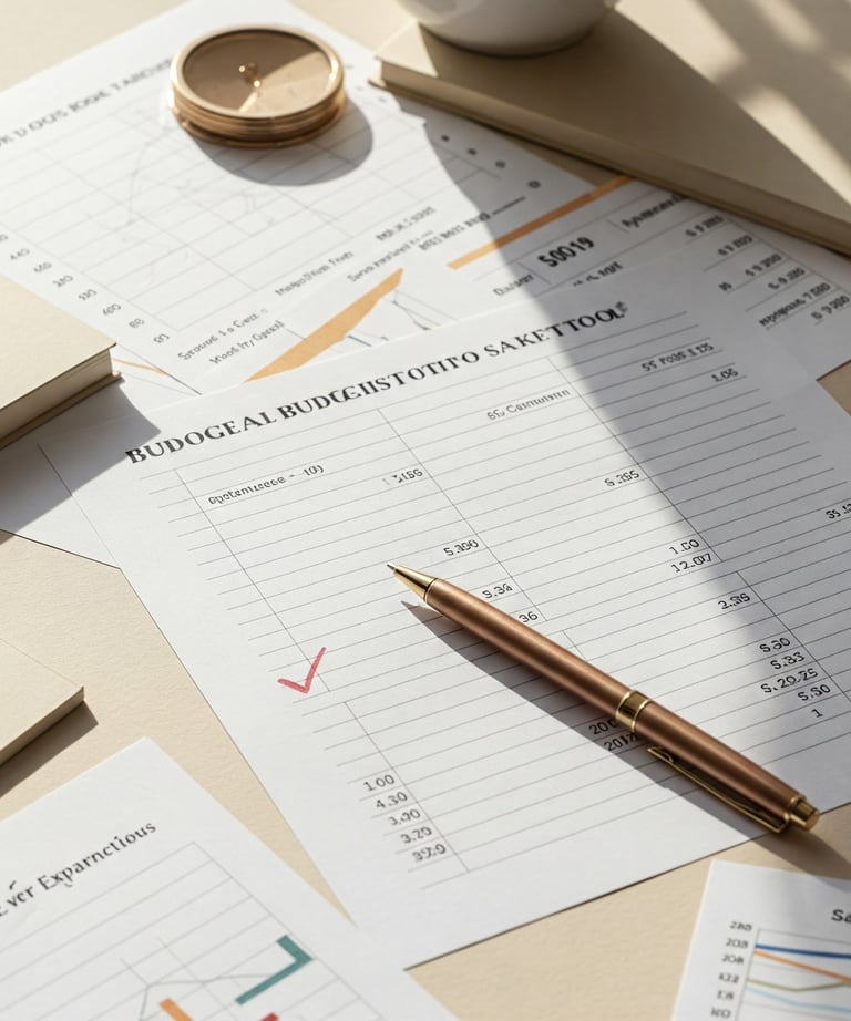 Mesa de trabajo con plantillas financieras impresas, bolígrafo y gráfico listo para descargar