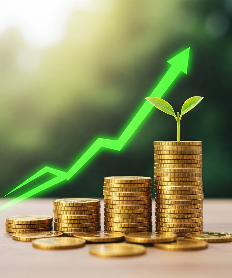 Monedas apiladas con flecha verde ascendente representando inversión