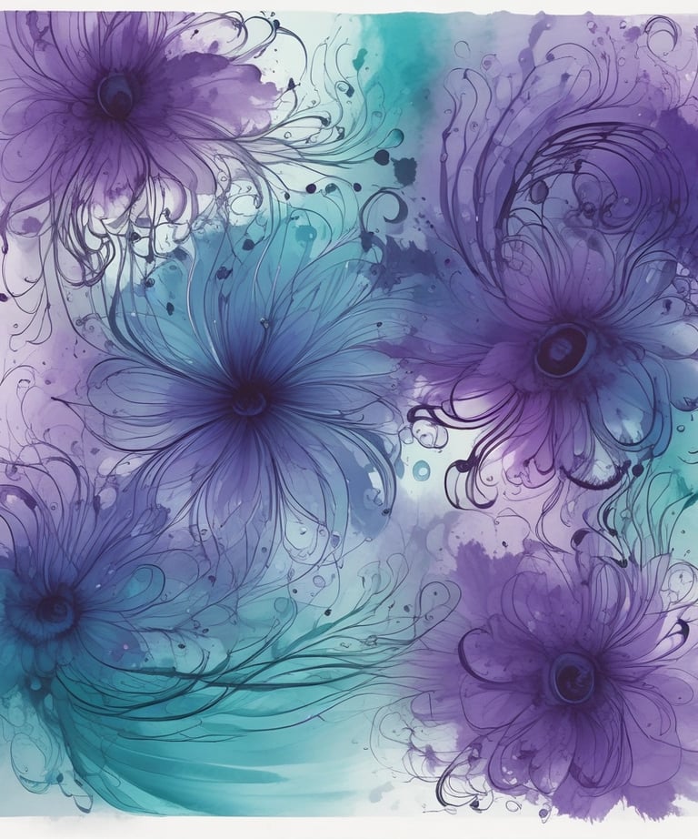 decorative teal and purple whispy flower art