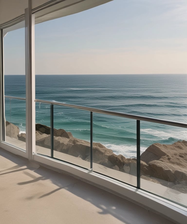 A double-pane window with a brown frame is installed in a light-colored wall. The panes are slightly dirty and show reflections and diagonal patterns. Behind the window, white fabric drapes hang in folds. An electrical wire runs across the top corner of the wall, casting a shadow.