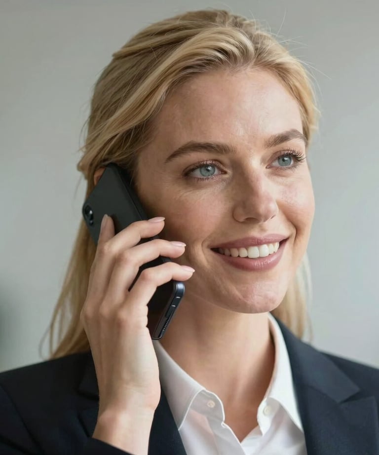 Close-up of a blonde woman businessperson making a phone call with a smile.