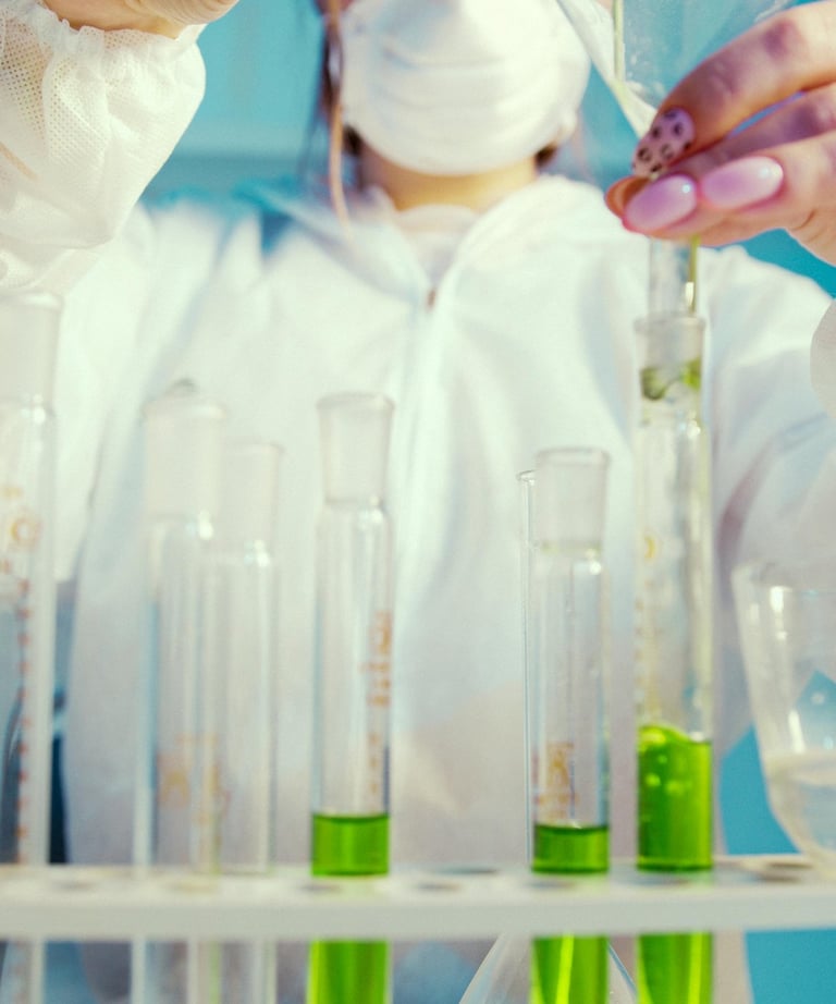 a person in a lab coat is pouring liquid into a beaker