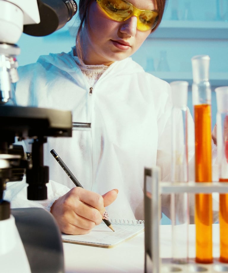 a woman in a lab coat and goggles