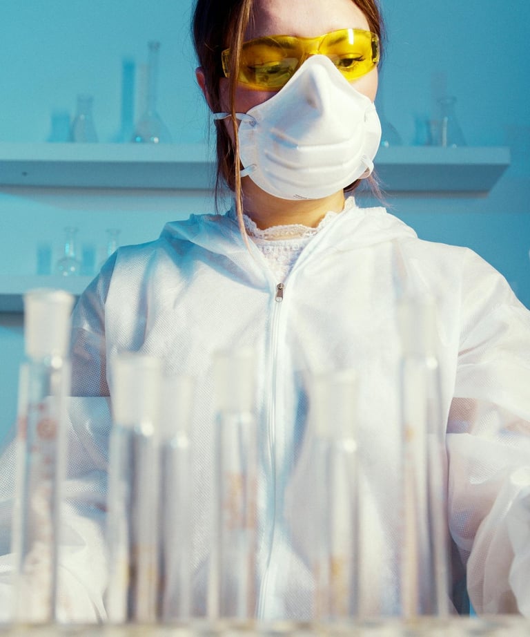 a woman in a lab coat and goggles with a mask on