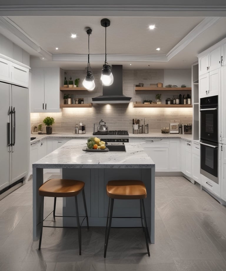 a redesigned kitchen with a large island 