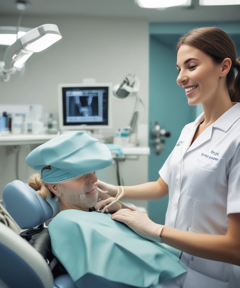 A dentist consulting with a patient in a bright office.
