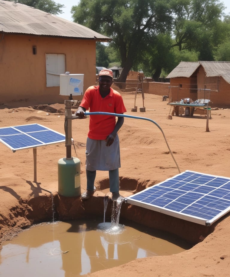Innovative, large solar panel structures designed like futuristic trees, situated in a landscaped area with various plants and a pathway. The scene includes people walking, and the architecture emphasizes a modern, sustainable design.