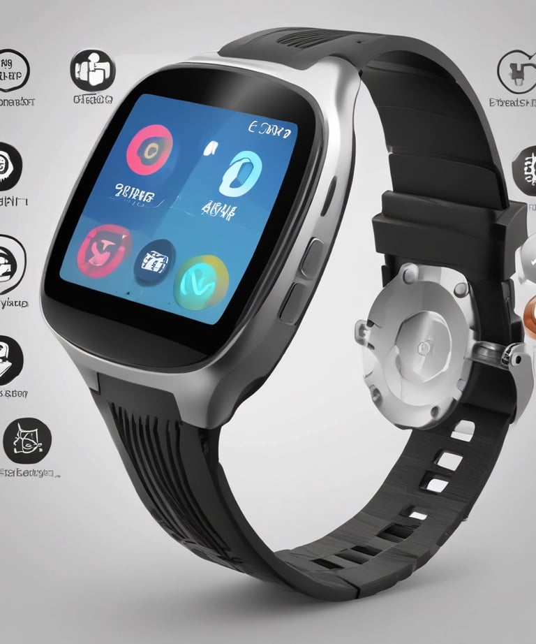 An arrangement of modern technology items including a smartphone, laptop, earbuds, and a mouse. The smartphone is prominently displayed with its box, featuring a sleek design and multiple cameras. The earbuds are neatly placed in an open case. A laptop and a wireless mouse are also visible, all set against a marble surface.