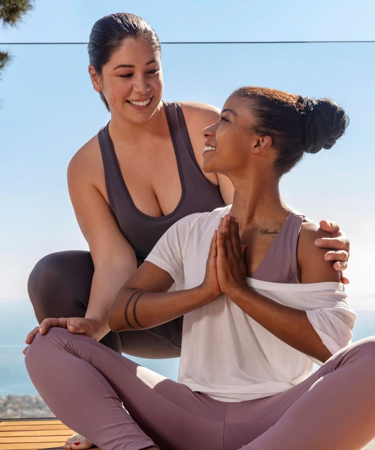a woman in a yoga outfit is sitting on a wooden deck