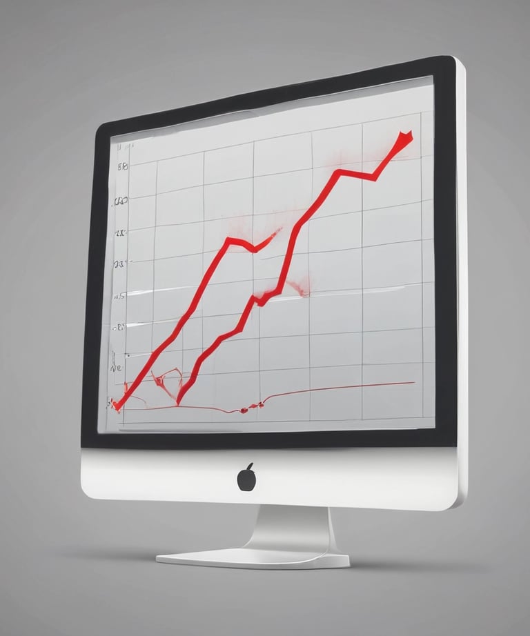 A laptop on a wooden desk displays a web application interface featuring graphs and statistics. Beside it, a large monitor shows a webpage promoting an all-in-one meeting app. A cup with a recognizable green and white logo sits on the desk.