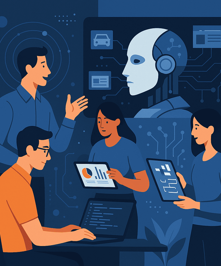 Team working on web, app development, and digital marketing with AI tools