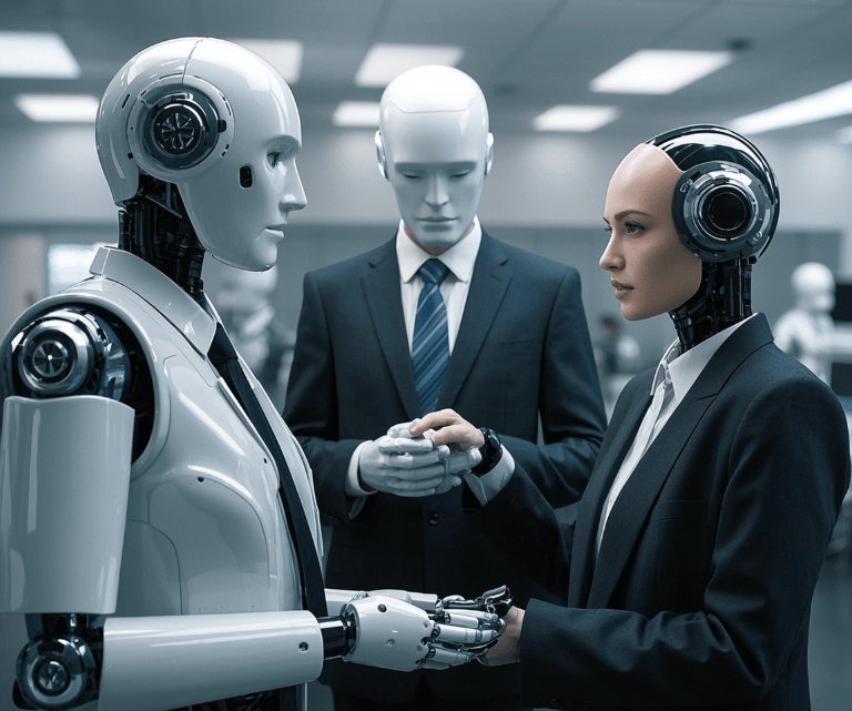 ai female and male robots business suits working together with each other