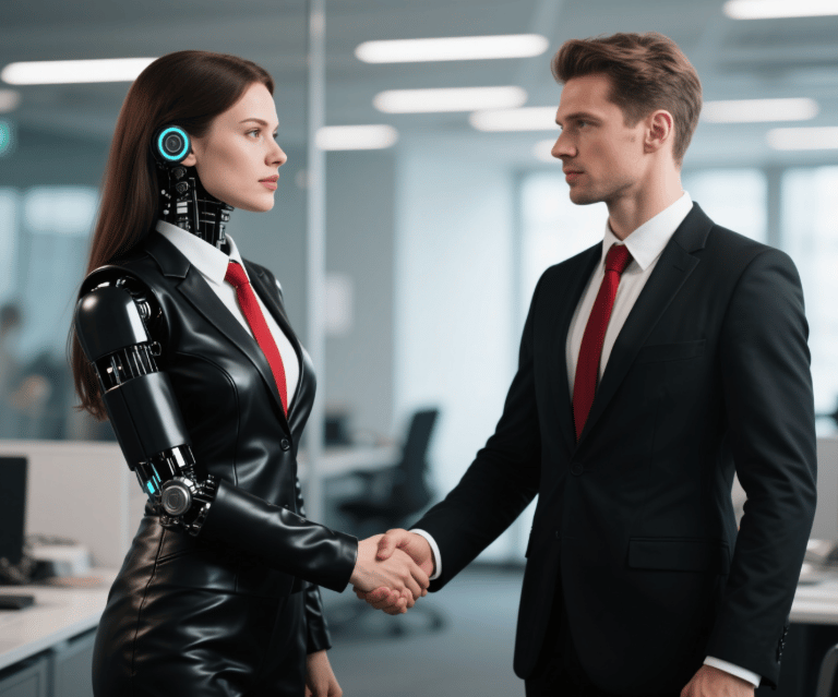 a man and woman shaking hands in a business meeting
