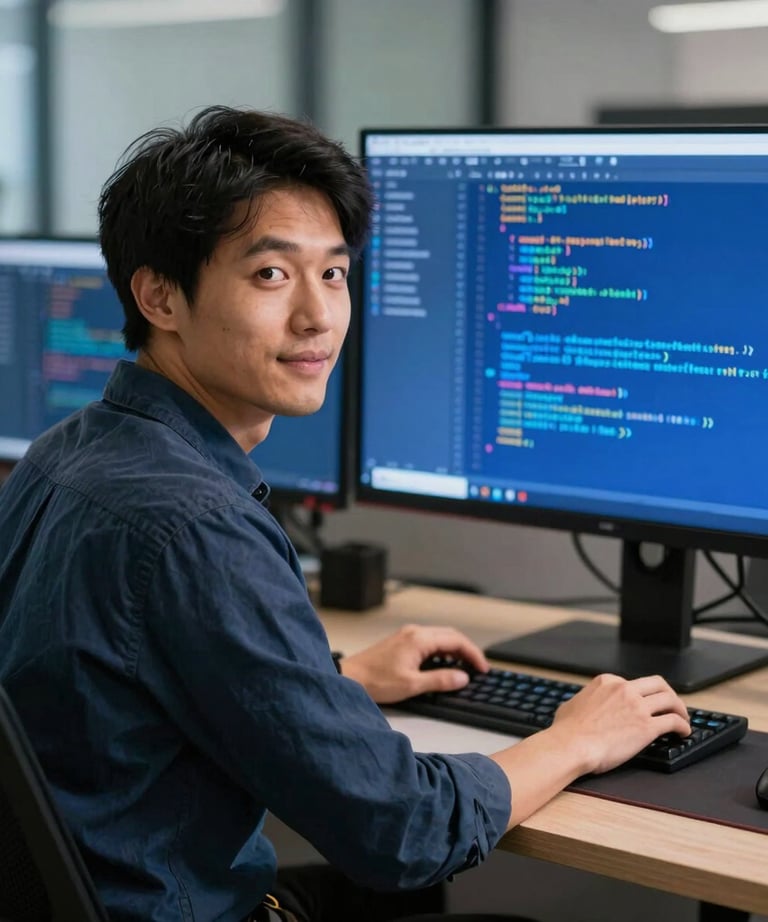 Portrait of a lead front-end developer in a professional office, working on a large display with vibrant blue code. North American / US style.