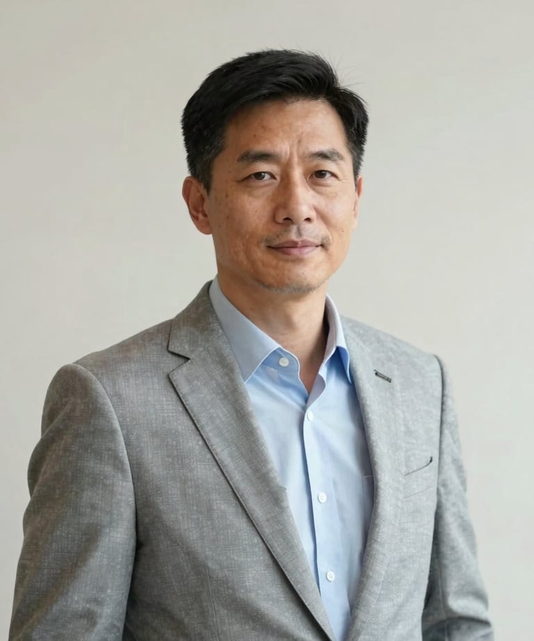 Professional portrait of an enterprise strategist in a crisp blazer, standing against a clean off-white background in a North American corporate setting.