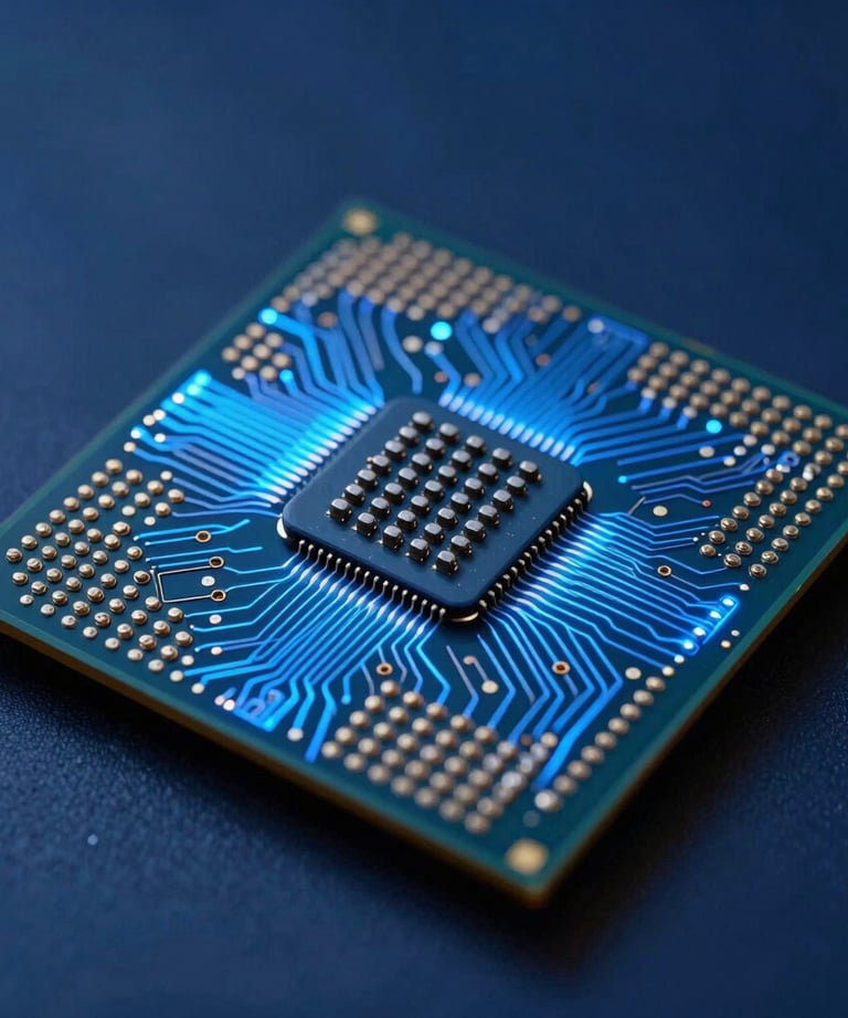 A focused close-up of a high-tech microprocessor glowing with vibrant blue circuits on a deep navy background, representing innovation. North American / US laboratory setting.