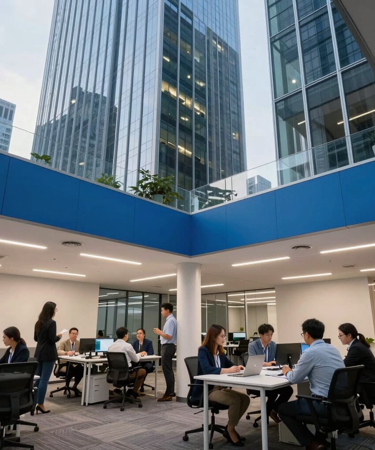 Wide shot of a modern, collaborative office space in a North American skyscraper, featuring sky blue accents and professional teams working together.
