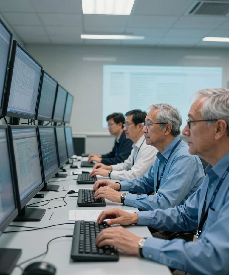 A group of senior engineers in a high-tech control room with large monitors, lit by soft sky blue light, working with unwavering reliability in a North American / US tech firm.