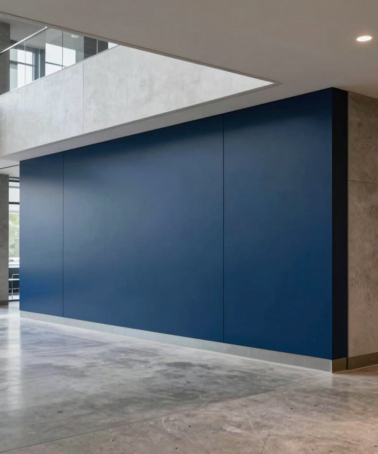 Close-up of a modern North American office lobby featuring clean structured lines, polished concrete, and a deep navy blue brand wall.