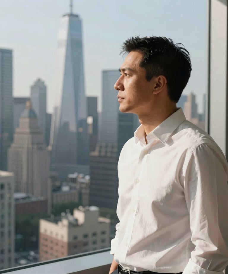 A visionary project manager looking over a city skyline from a high-rise office in a crisp off-white shirt, conveying authority. North American setting.