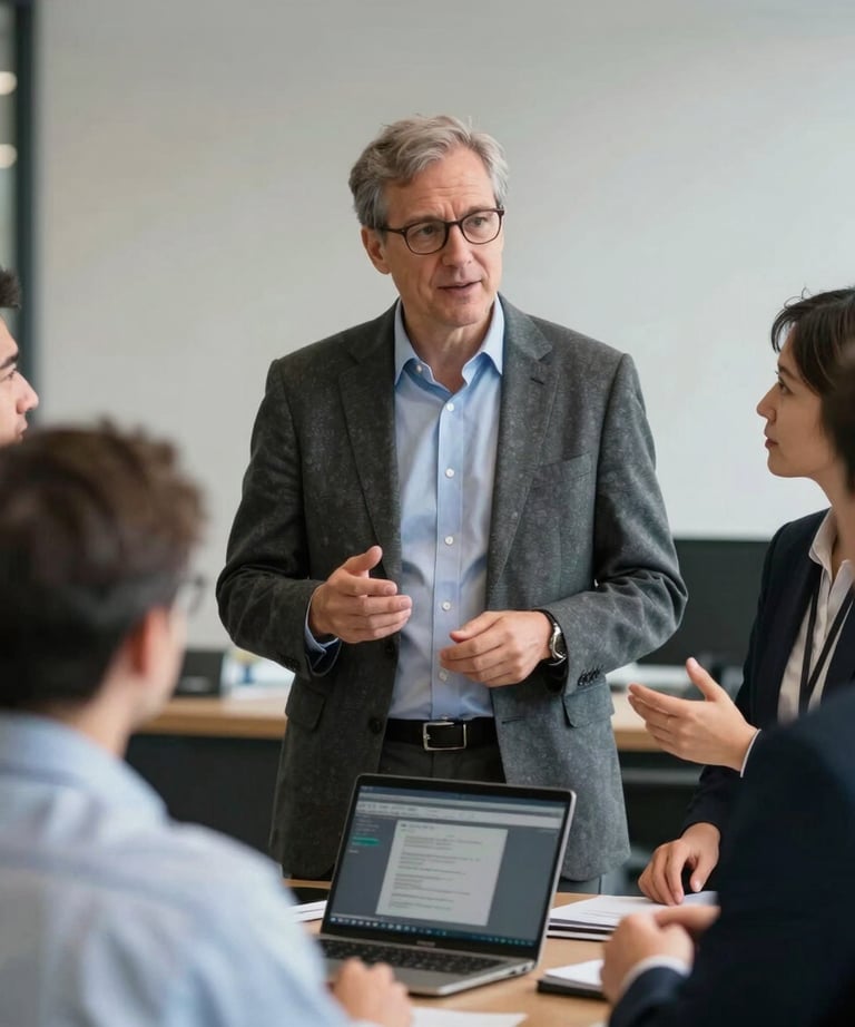 Candid photograph of a technical lead in professional North American business attire explaining a complex system to a diverse group of executives.
