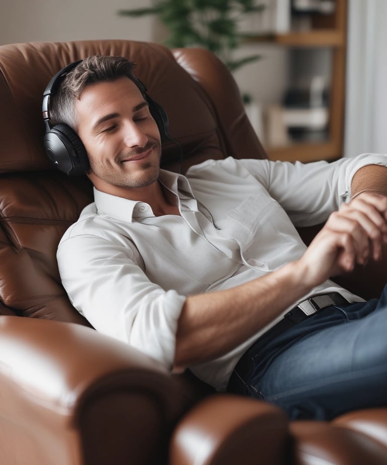 Close-up shot of a man comfortably reclining in a sleek leather chair.