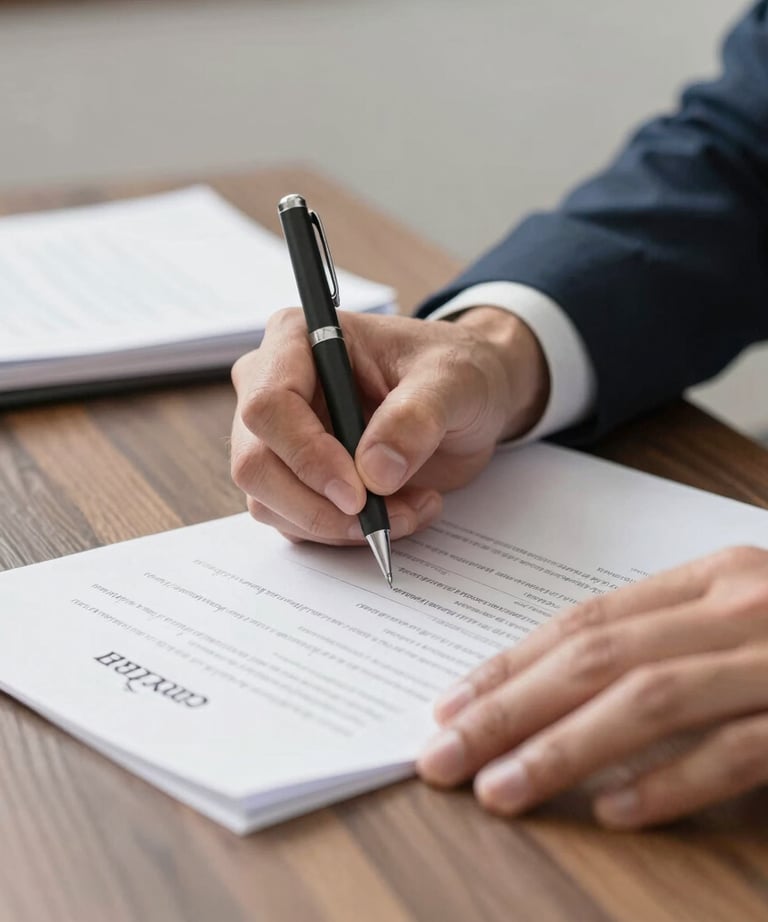 A person is signing documents on a dark wooden table. Multiple sheets of paper are spread out, with text and tables visible on them. The person is holding a black pen and wearing dark clothing, creating a contrast with the white papers.