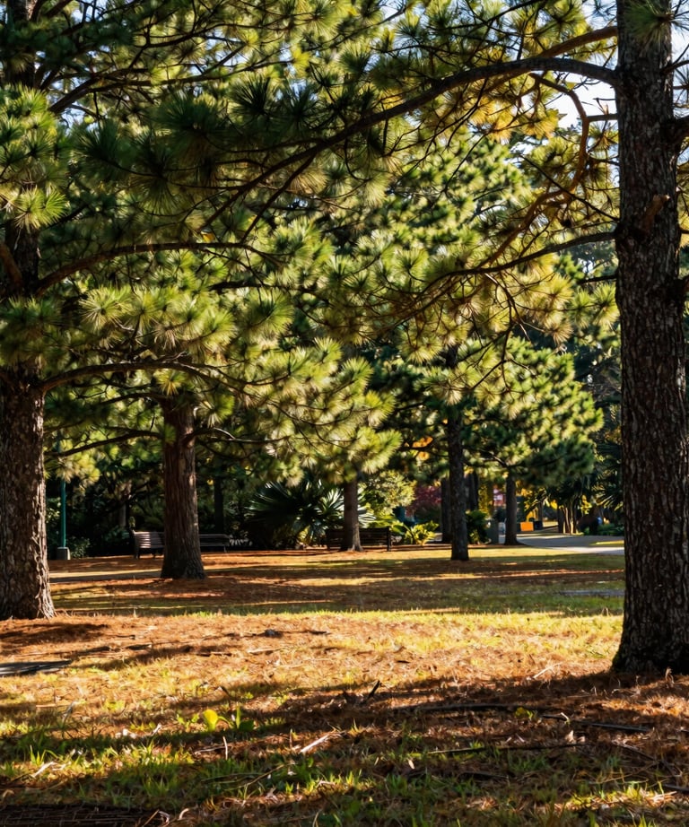 A vibrant park in Southern Pines, North Carolina, with beautiful pine trees and warm sunlight filtering through the branches, realistic professional photography.
