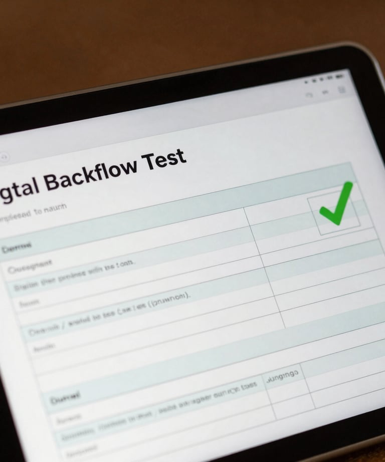 A professional tablet screen displaying a completed digital backflow test report form, with a green checkmark indicating successful submission, warm soft background.