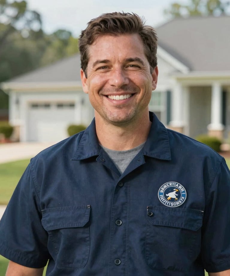 A warm, welcoming smile of a water service technician wearing a neat uniform with a subtle company logo patch, in a beautiful North Carolina residential setting.