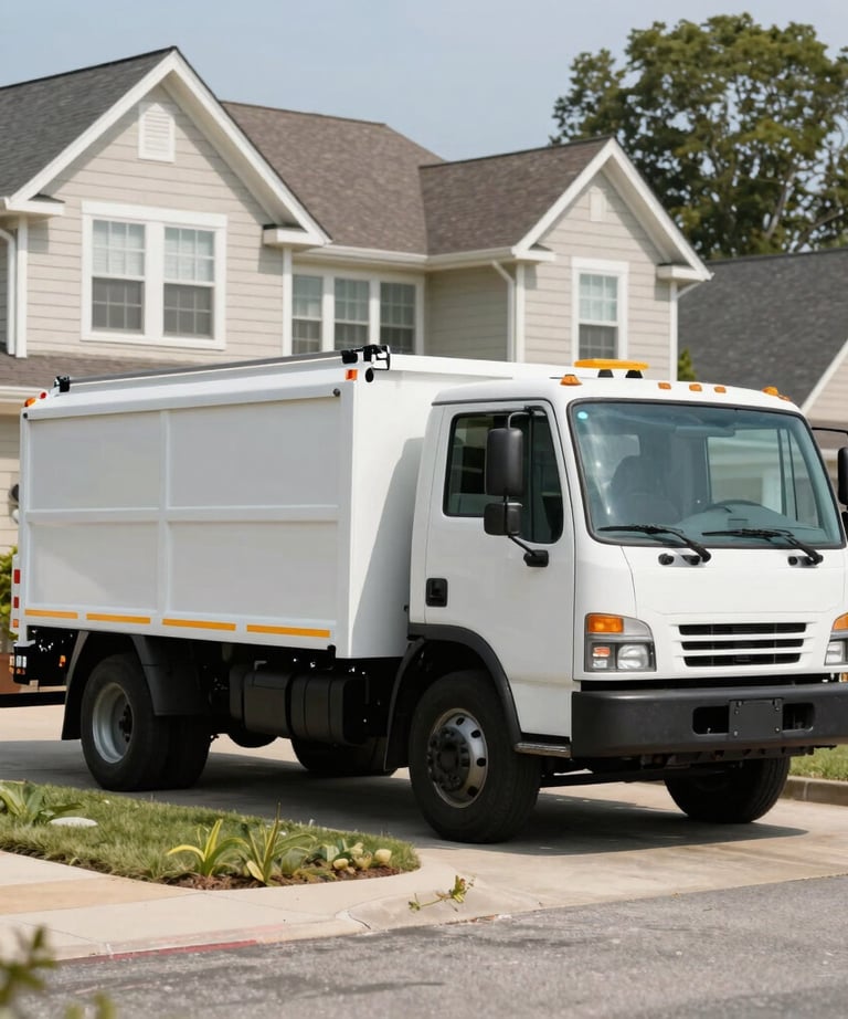 A clean company utility truck with water safety equipment parked near a neat suburban North Carolina home garden, bright daylight, realistic photograph.