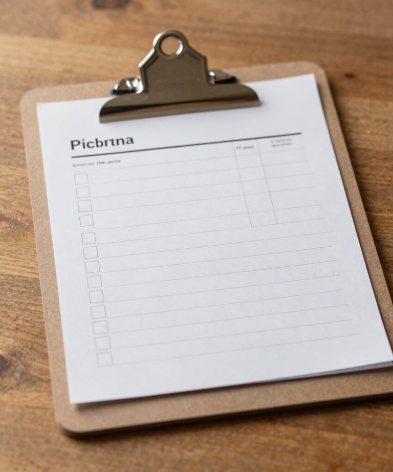 A clean brown clipboard showing a transparent pricing quote sheet with simple checkboxes, set against a warm wooden tabletop, soft warm lighting.