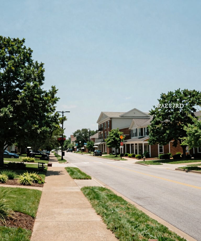 Scenic daytime view of Raeford, North Carolina, with a clean municipal street and lush green landscaping, bright sunny skies.