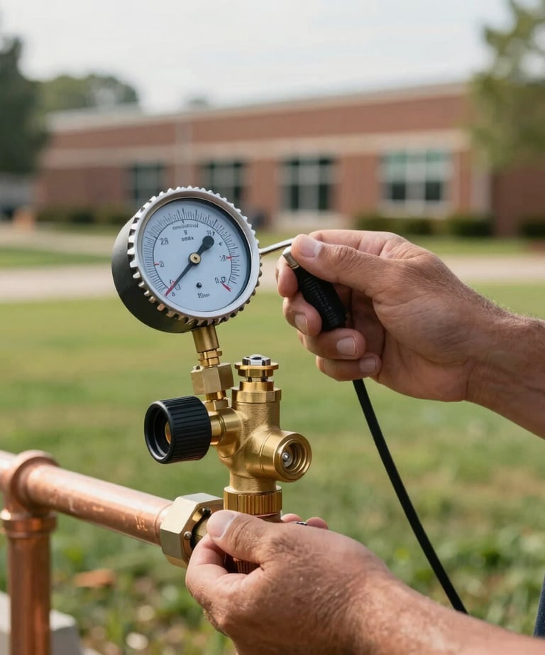A close-up photograph of a professional certified technician testing a brass backflow prevention assembly valve. The shot focuses on the copper pipes, brass body, and the technician's hands holding a clean professional digital pressure test gauge. Set outdoors in a neat, professional business park in North Carolina, with a soft-focus background of green grass and a clean brick building facade under soft, natural morning sunlight.
