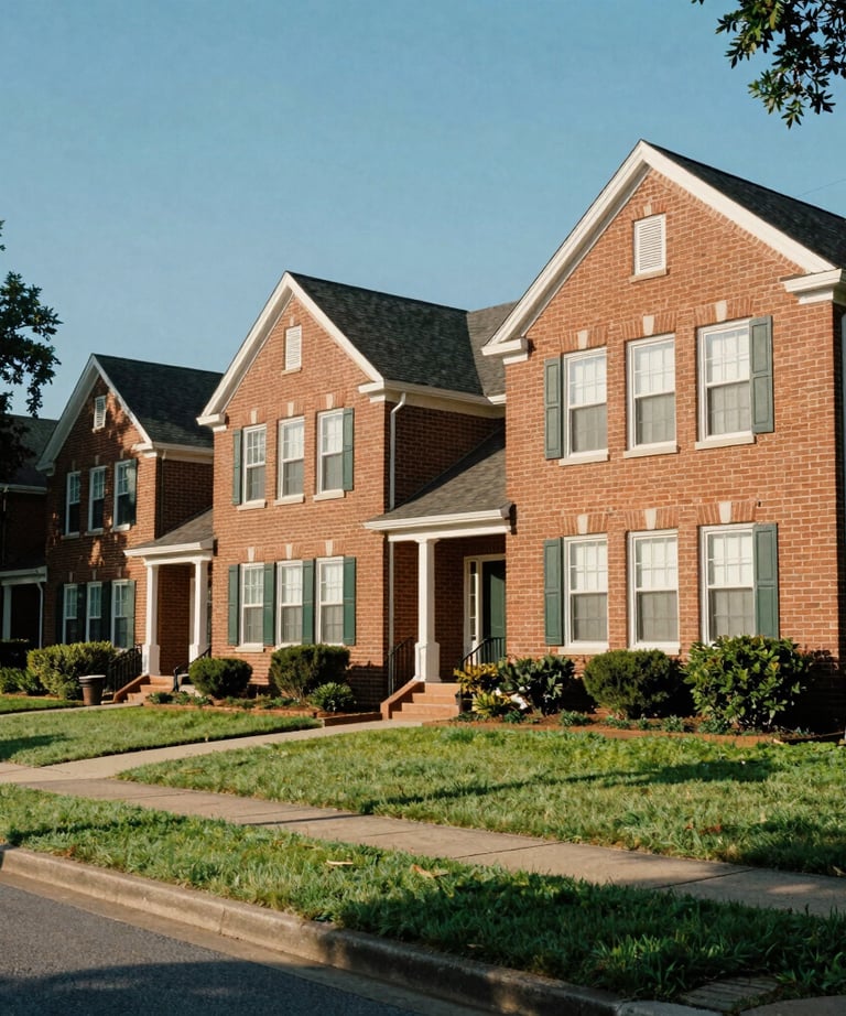 A residential street in Fayetteville, North Carolina, showing beautiful brick homes with neatly manicured green grass under clear blue skies.