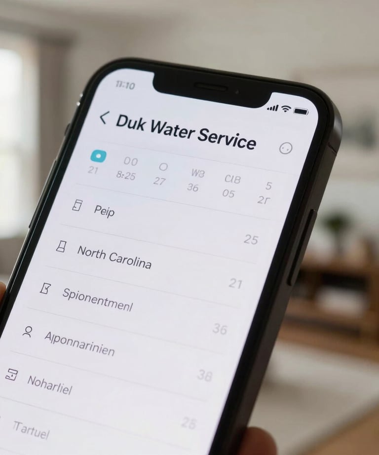 A close-up shot of a smartphone screen displaying a digital appointment scheduling calendar interface with Duk Water Service visible, in a modern home in North Carolina.