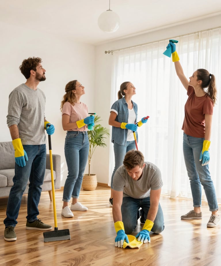 A team of professional cleaners diligently working in a bright and tidy vacation home.