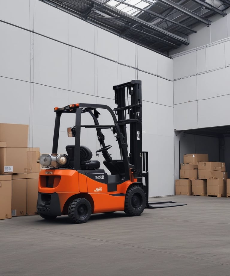 A large blue telescopic forklift labeled 'GRADALL 534D-9' with oversized tires is parked outdoors on a gravel surface. Nearby, there is a black vehicle partially visible, along with greenery and residential buildings in the background. The area is well-lit by sunlight and the surrounding environment has various construction materials.