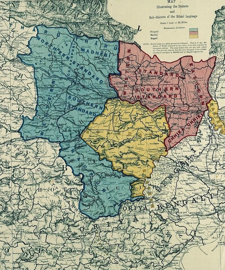 A vintage color-coded linguistic map titled "Map Illustrating the Dialects and Sub-dialects of the Bihari language."