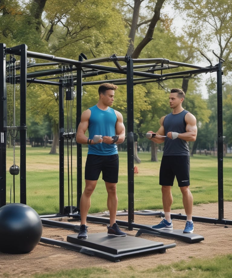Two individuals are performing lunges in a well-lit studio, each holding dumbbells in their hands. They are both wearing athletic clothing, and cartons of boxed water are placed on the floor nearby. Large windows allow natural light to illuminate the wooden floor.