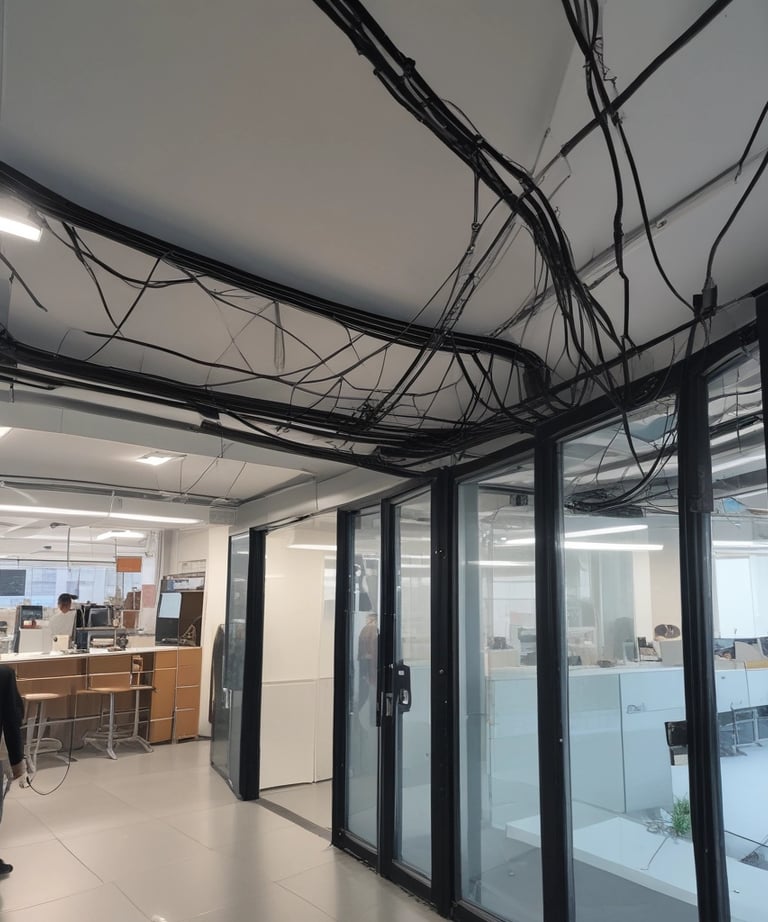 A residential area featuring two white houses with brown roofs and gray shutters. In the foreground, there is an area with roadwork signs, including a yellow portable generator and a couple of traffic barrels. Some chairs are stacked against the wall of the house on the left. There is a parked orange vehicle partially visible at the bottom right.