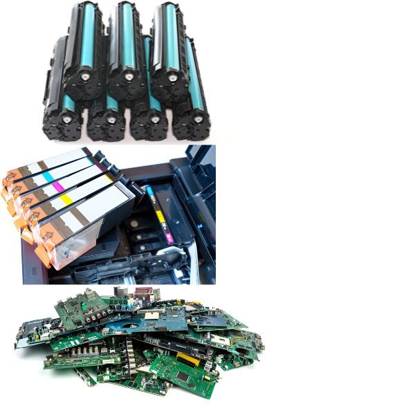 a bunch of different types of printer cartridges and spare parts