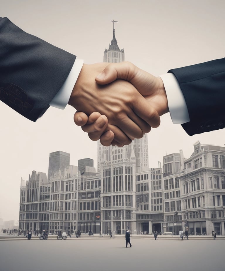 Delivery trucks lined up outside a government building under a clear sky.