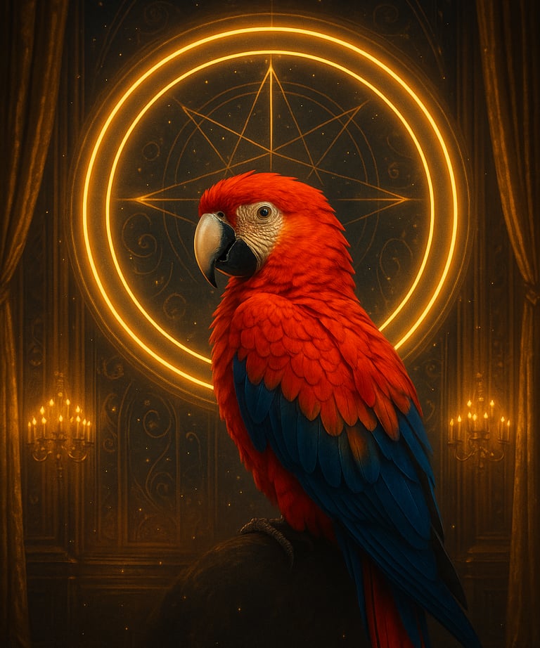 The red macaw, symbol of The Raphael Pathe Heritage, created with AI